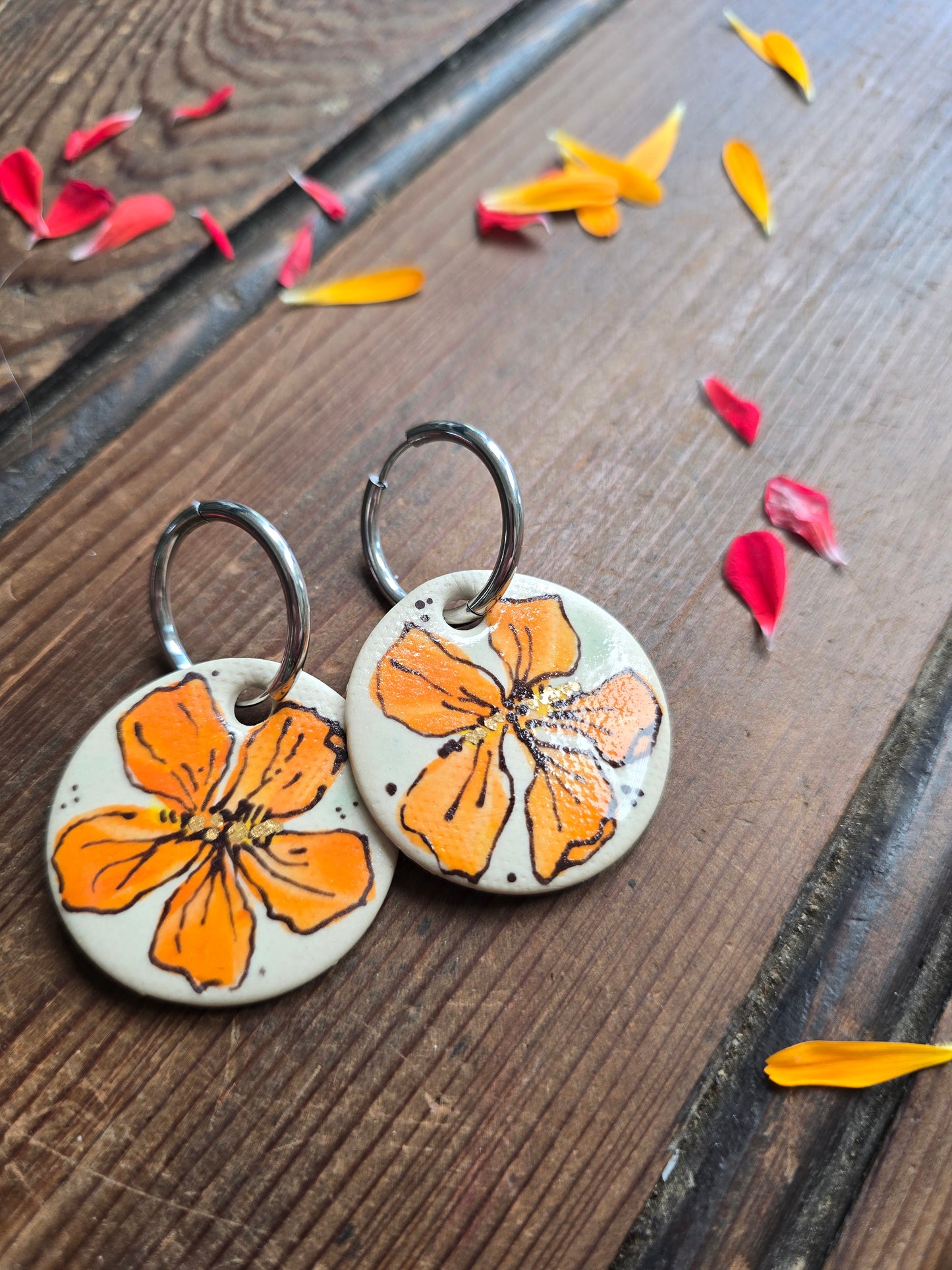 Orange Nasturtium Earrings ~ Round Large
