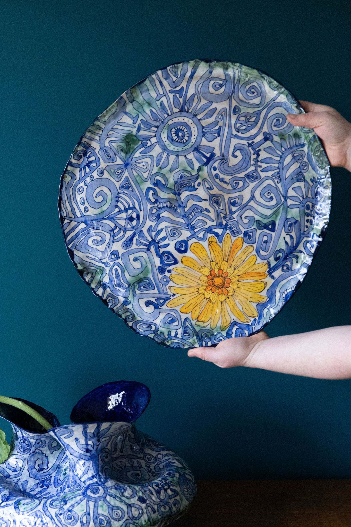 Blue Scribble Platter Number One ~ Daisy Language