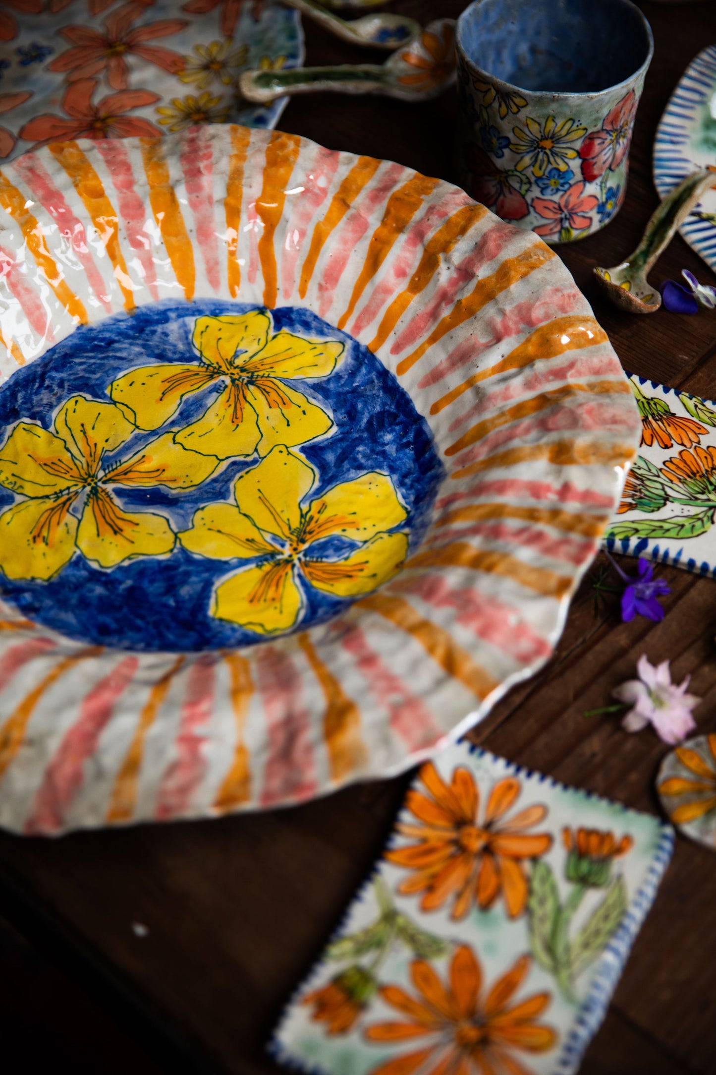 Large Stripe Bowl with Nasturtiums