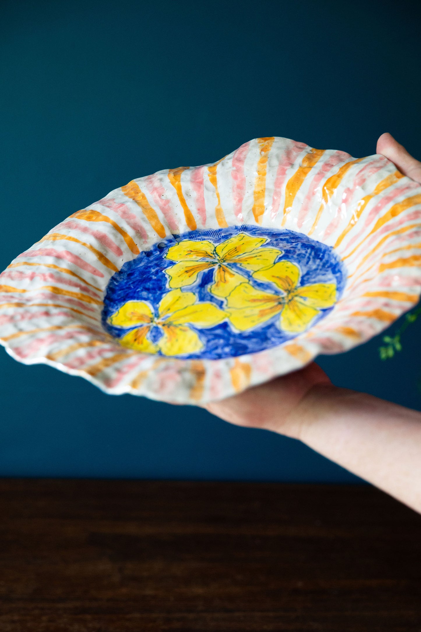 Large Stripe Bowl with Nasturtiums