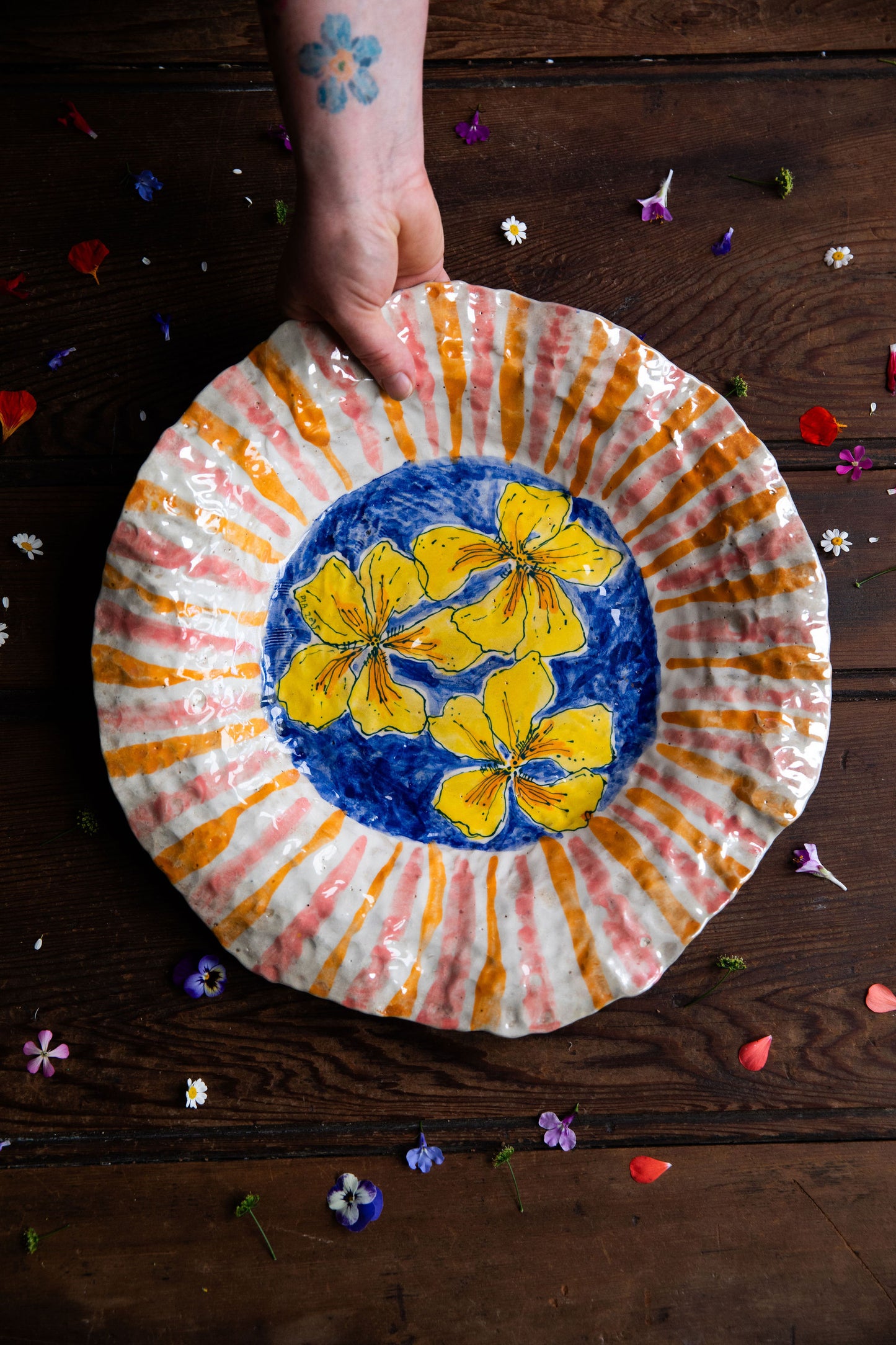 Large Stripe Bowl with Nasturtiums