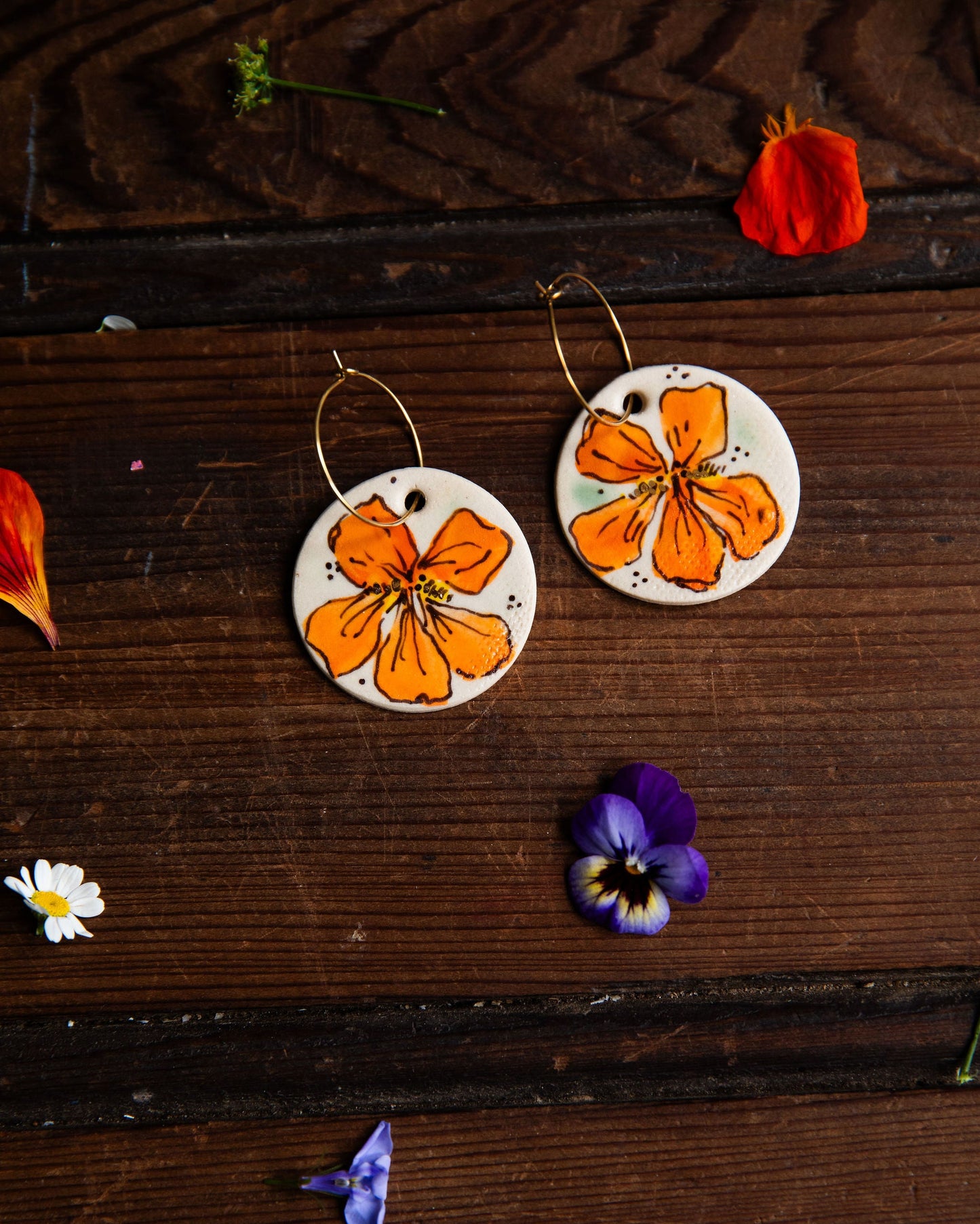 Orange Nasturtium Earrings ~ Round Large