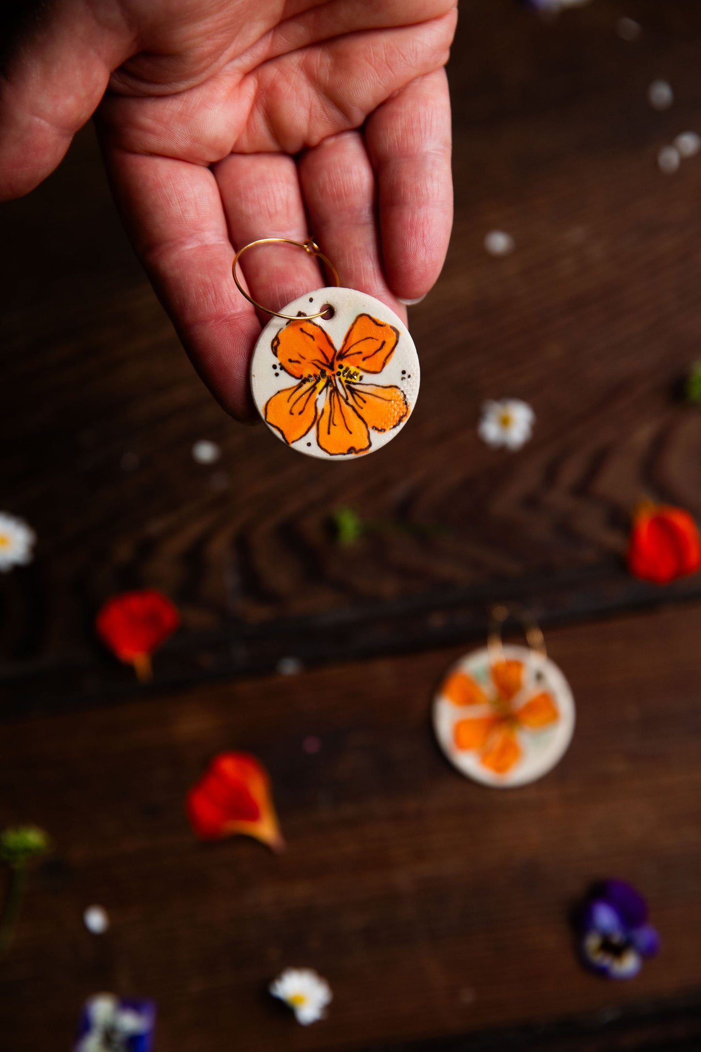 Orange Nasturtium Earrings ~ Round Large