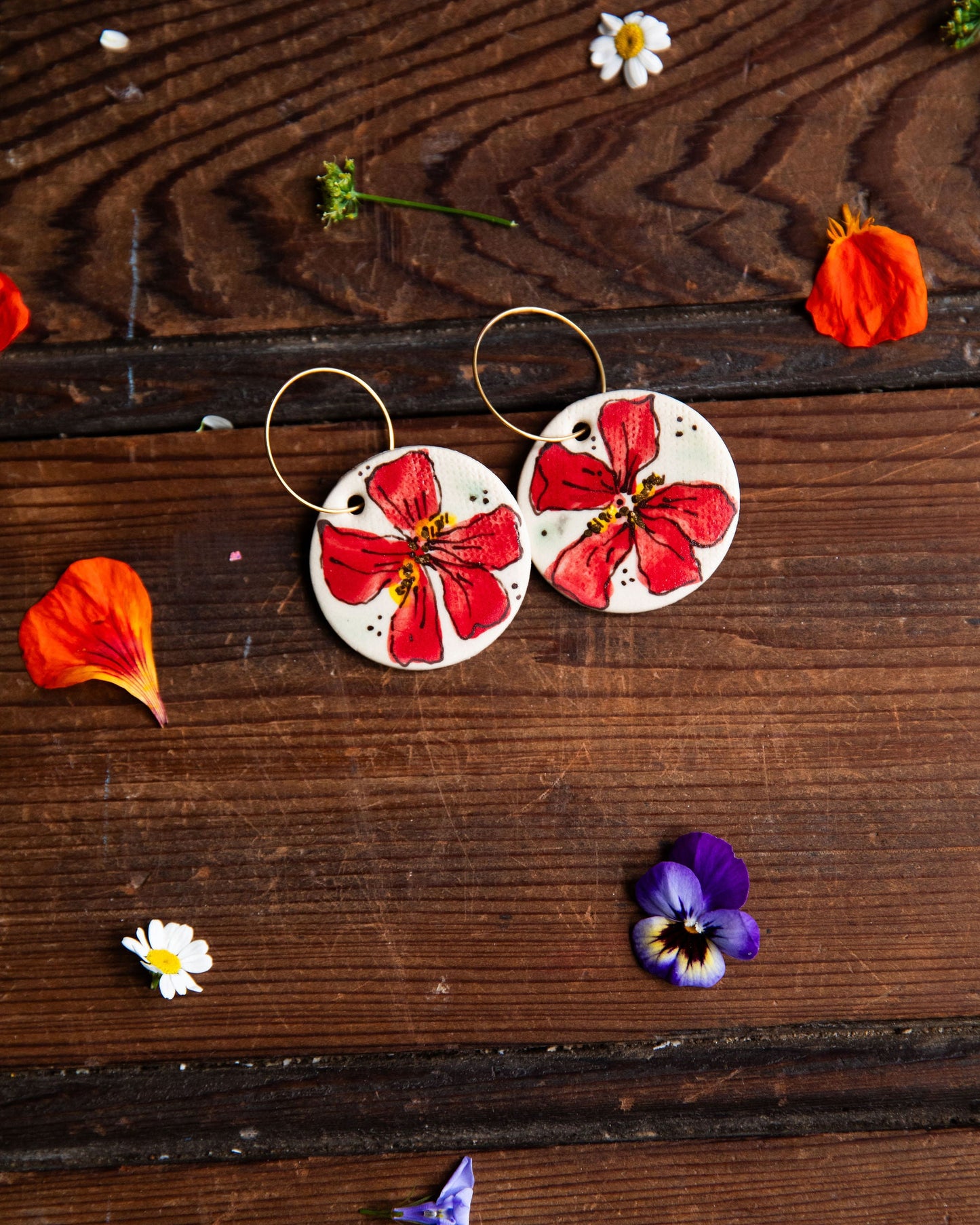 Red Nasturtium Earrings ~ Round Large